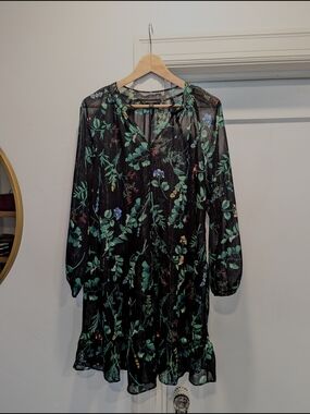 Banana Republic Black Floral Long-Sleeve Sheer Dress